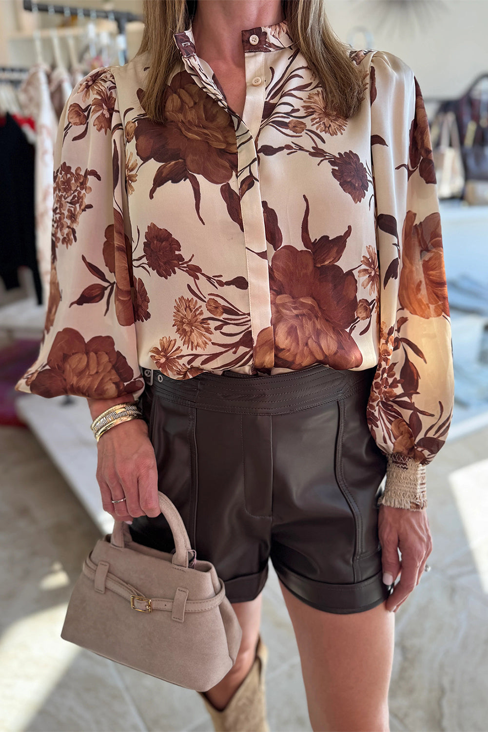 Brown Floral Print Button Down Poet Sleeve Women's Blouse