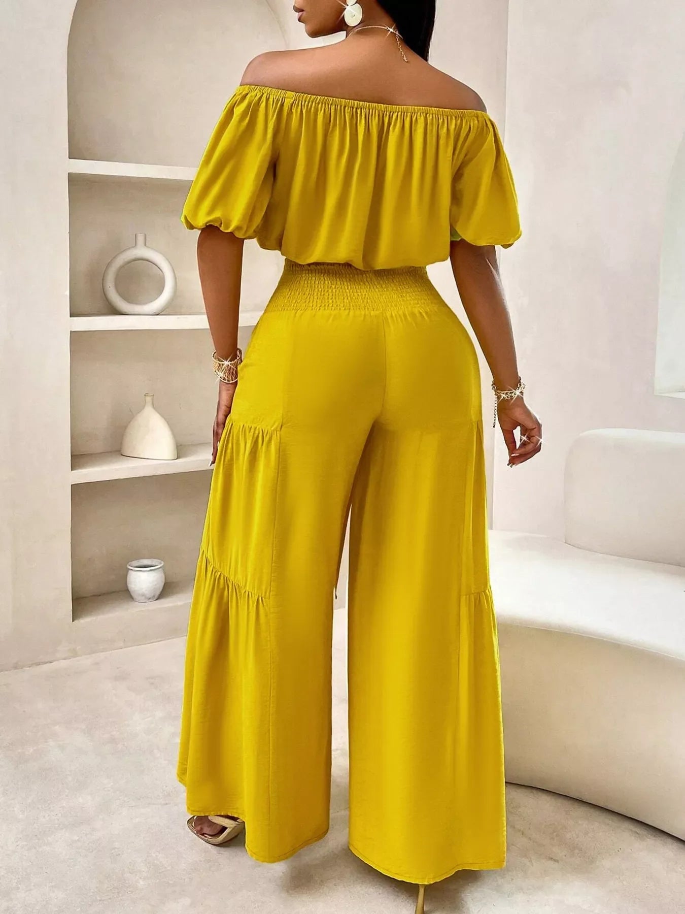 Yellow Off-Shoulder Crop Top and Ruched Wide Leg Pants Set