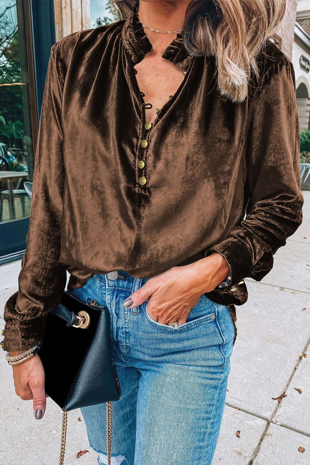 Green Frilled Neck Buttoned Front Velvet Women's Top