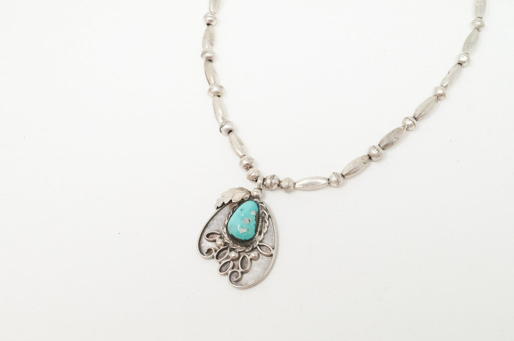 Vintage Native American Signed MV Turquoise Rope Sterling Silver Necklace
