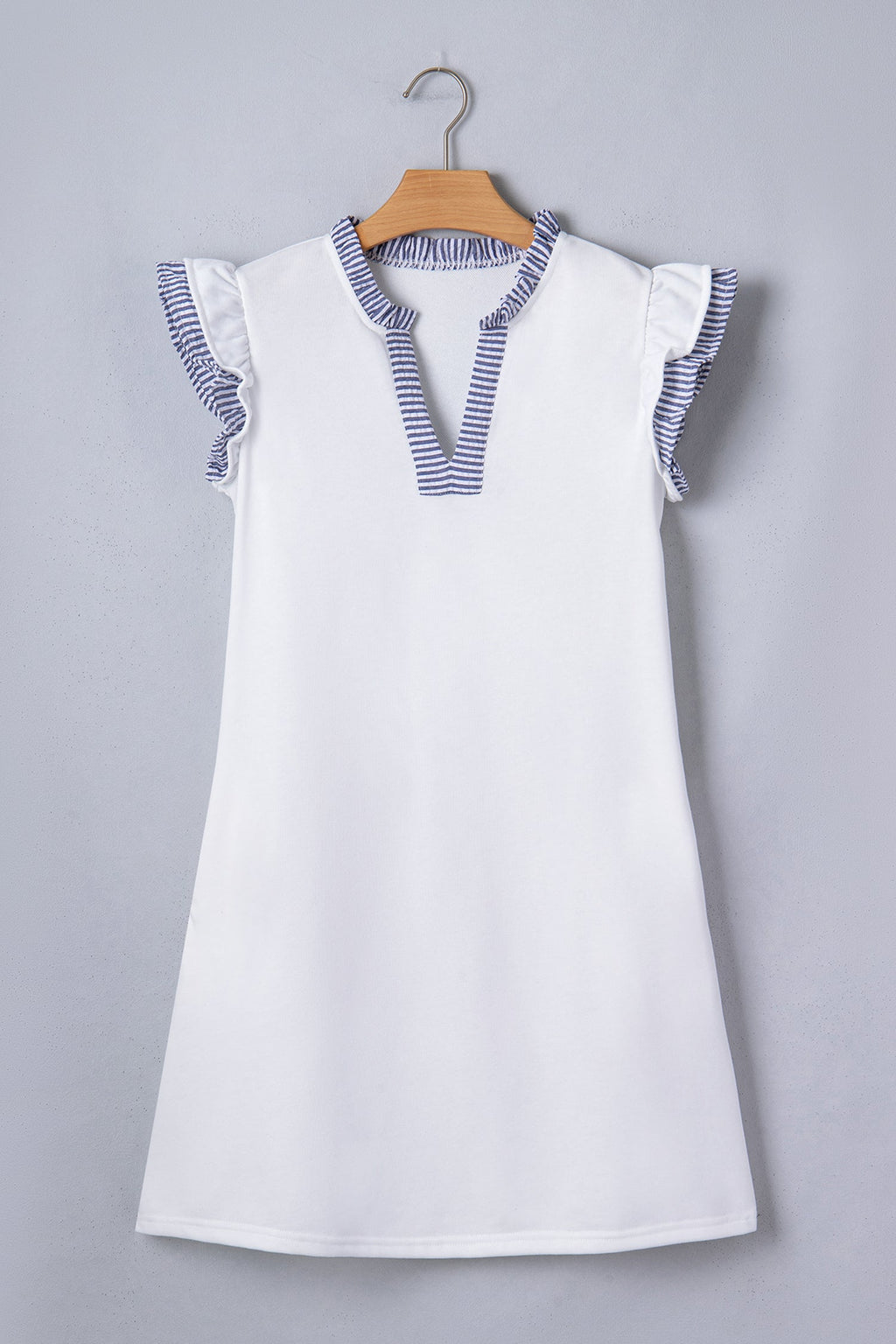White Contrasted Striped Patchwork Split Neck Ruffle Trim Sleeveless Dress