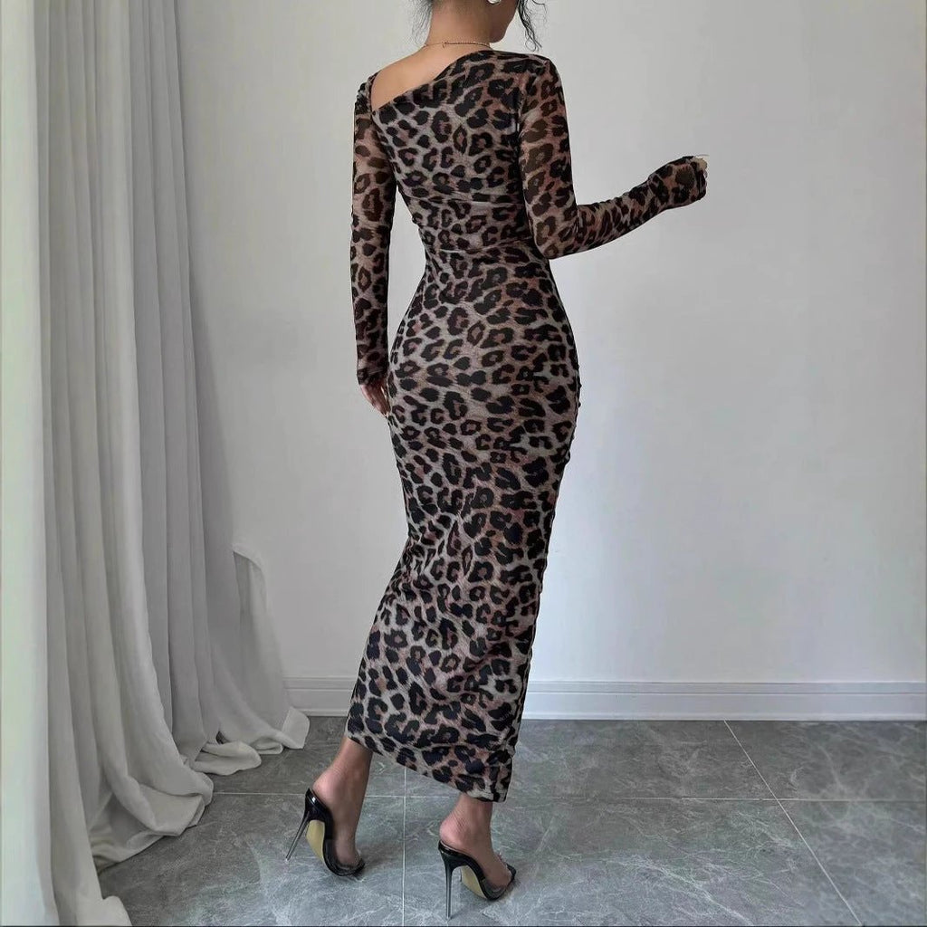 New Women's irregular V-Neck Long Sleeve Sexy Leopard Print Dress