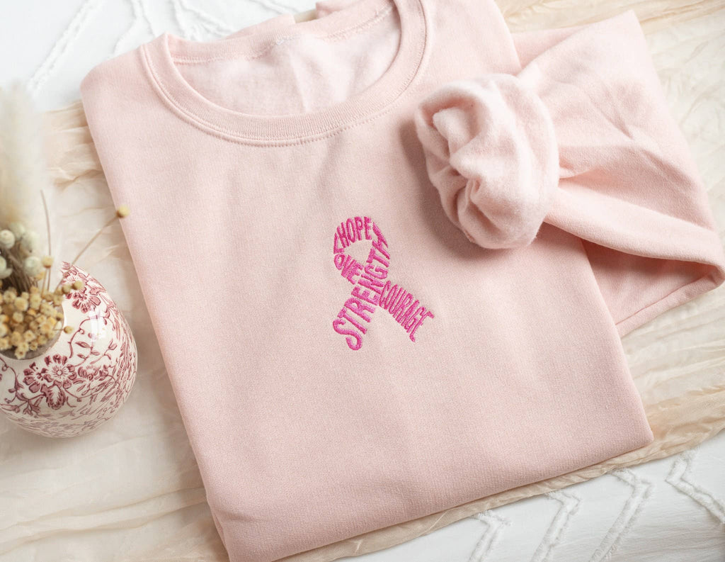 Embroidered Breast Cancer Awareness Motivational Sweatshirt – Blush Pink
