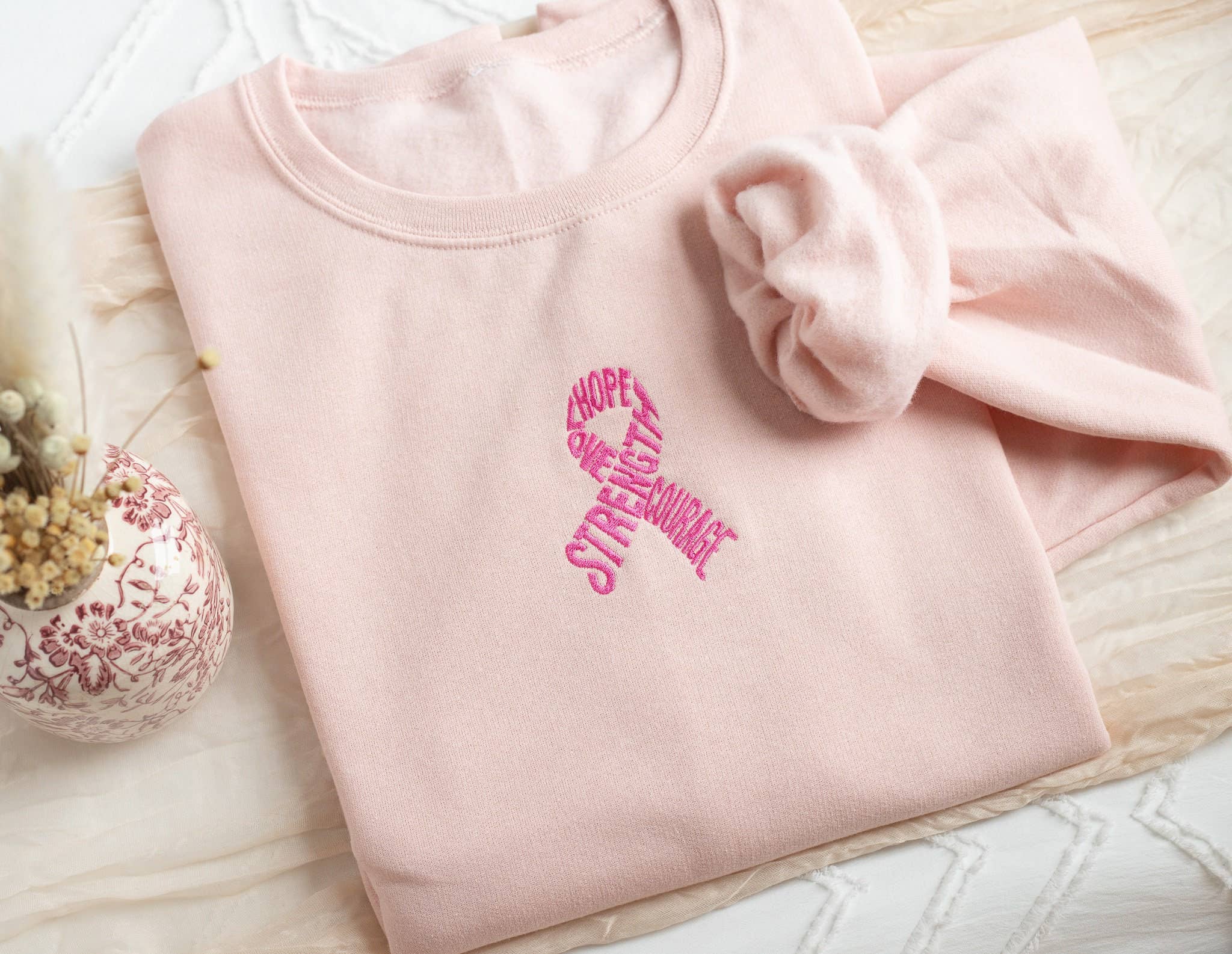 Embroidered Breast Cancer Awareness Motivational Sweatshirt – Blush Pink