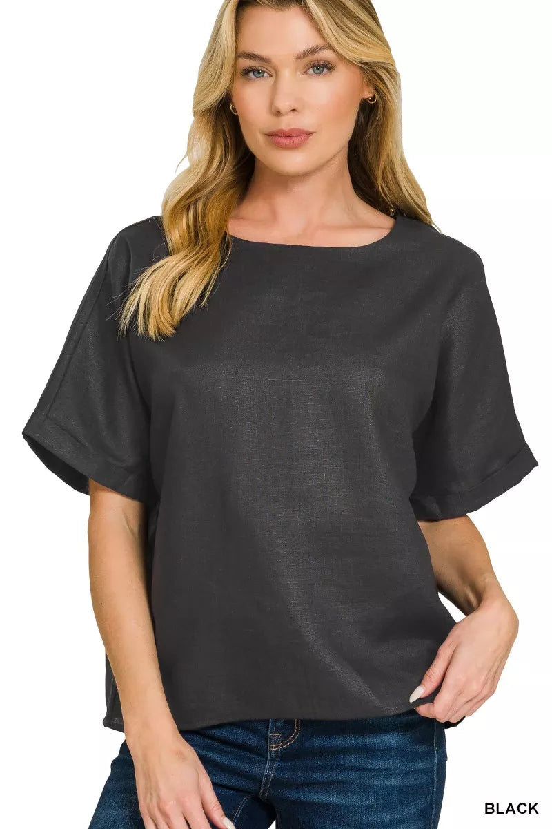 Women's Black Linen Round Neck Cuffed Sleeve Casual Top