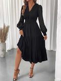 Lace Detail Lantern Sleeve Dress - Elegant Tiered Style for Any Occasion