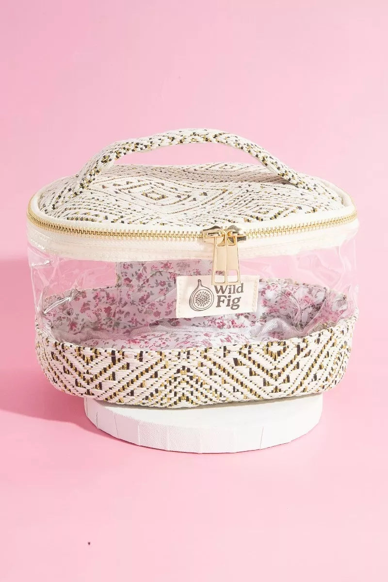 Woven Clear Cosmetic Case with Gold Accents and Floral Interior