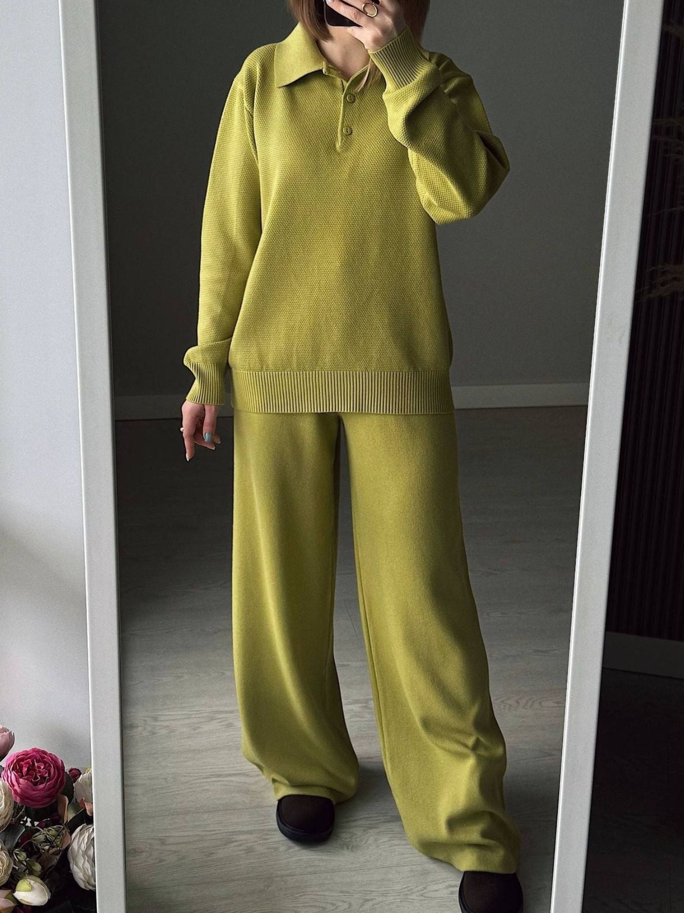 Women's Knit Polo Top and Wide Leg Pants Two-Piece Set
