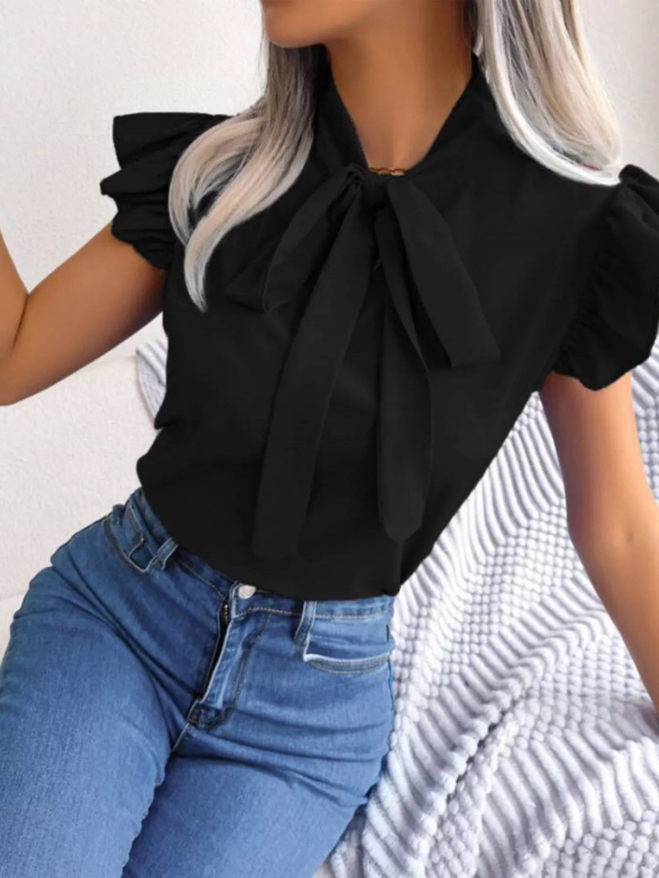 White Ruffle Sleeve Blouse with Elegant Bow Tie Detail