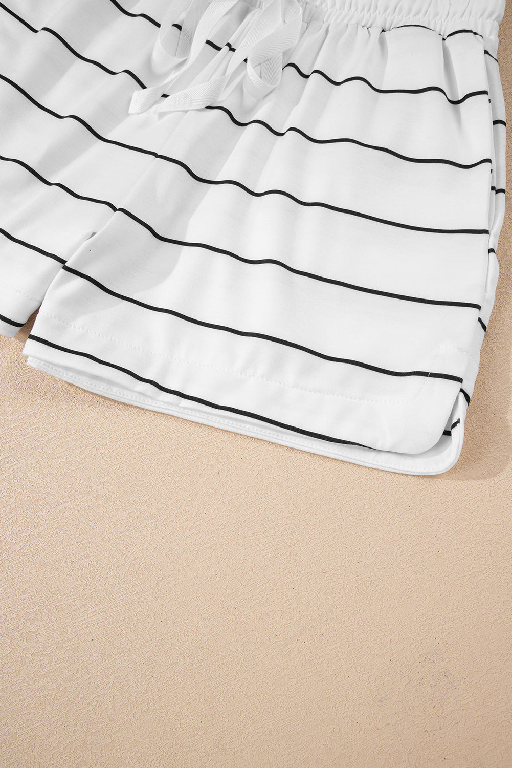 White Stripe Drop Shoulder Pullover & Shorts Two-Piece Set – Casual Lounge Outfit