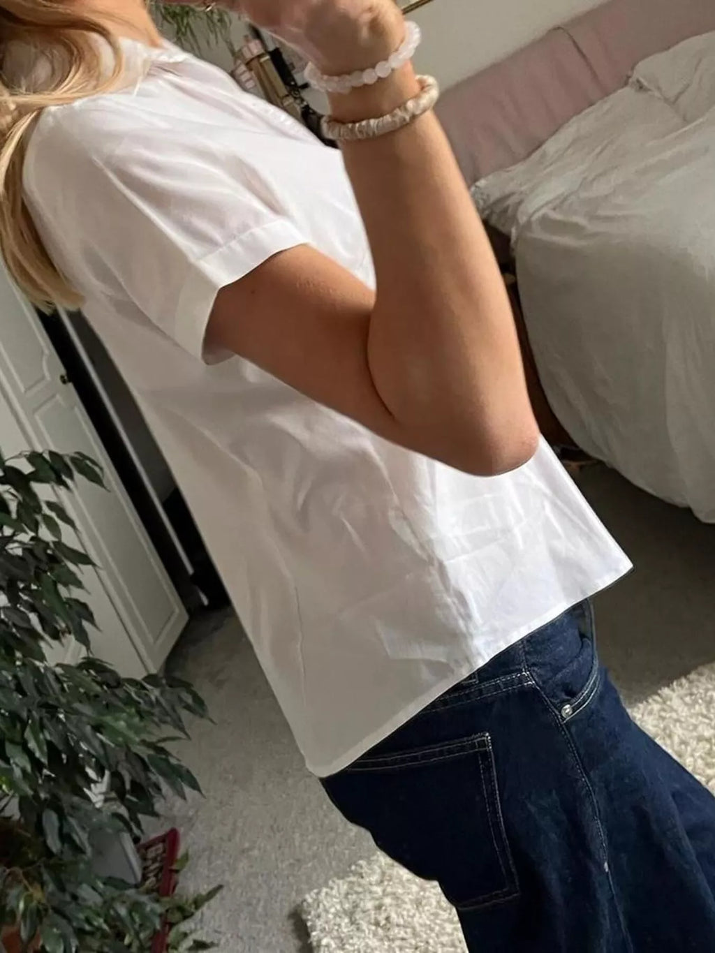 Women's White Short Sleeve Pleated Button Down Shirt