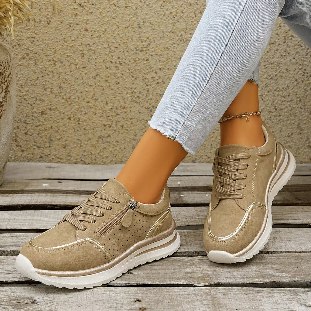 Women's Casual Round Toe Lace Up Sneakers with Side Zipper Detail