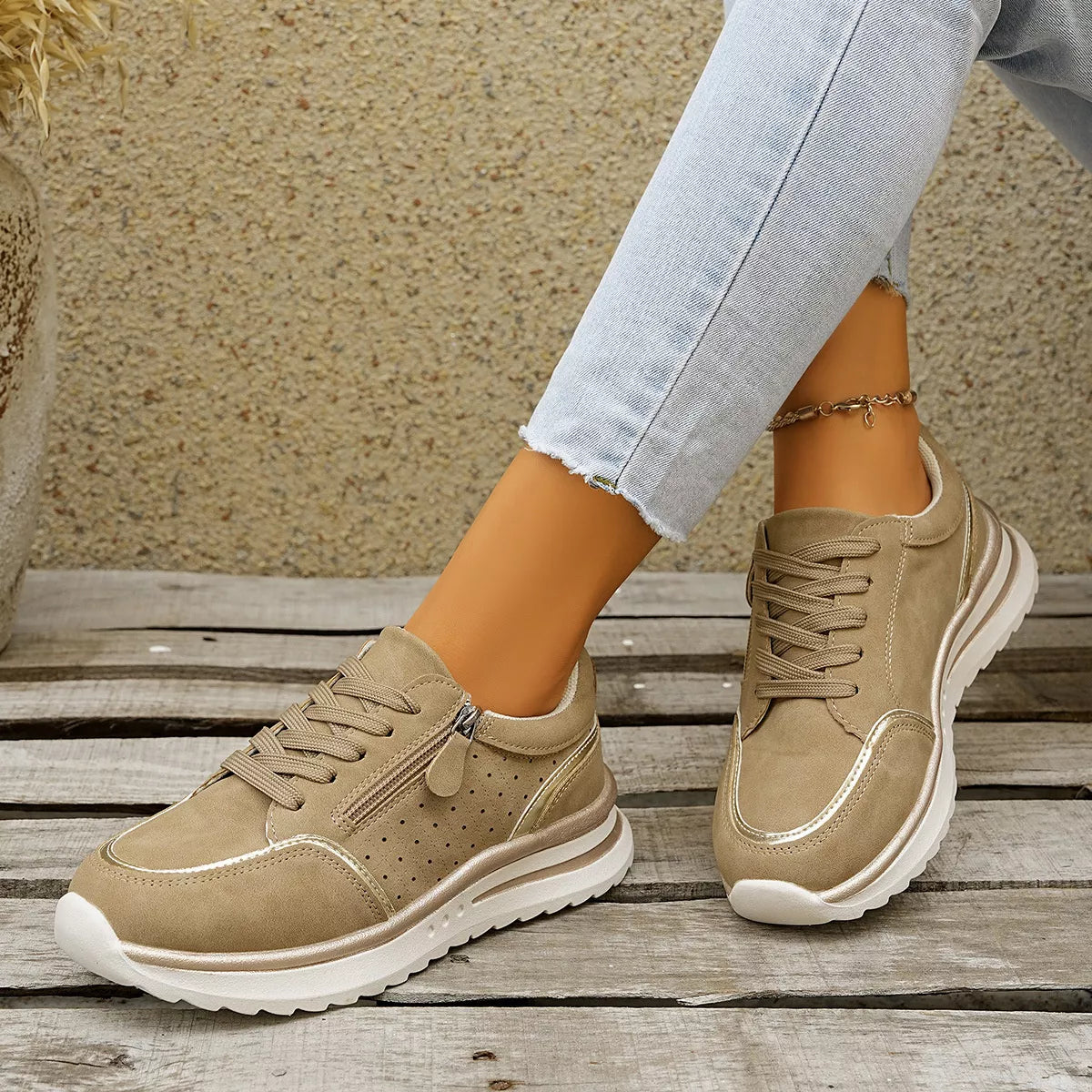 Women's Casual Round Toe Lace Up Sneakers with Side Zipper Detail