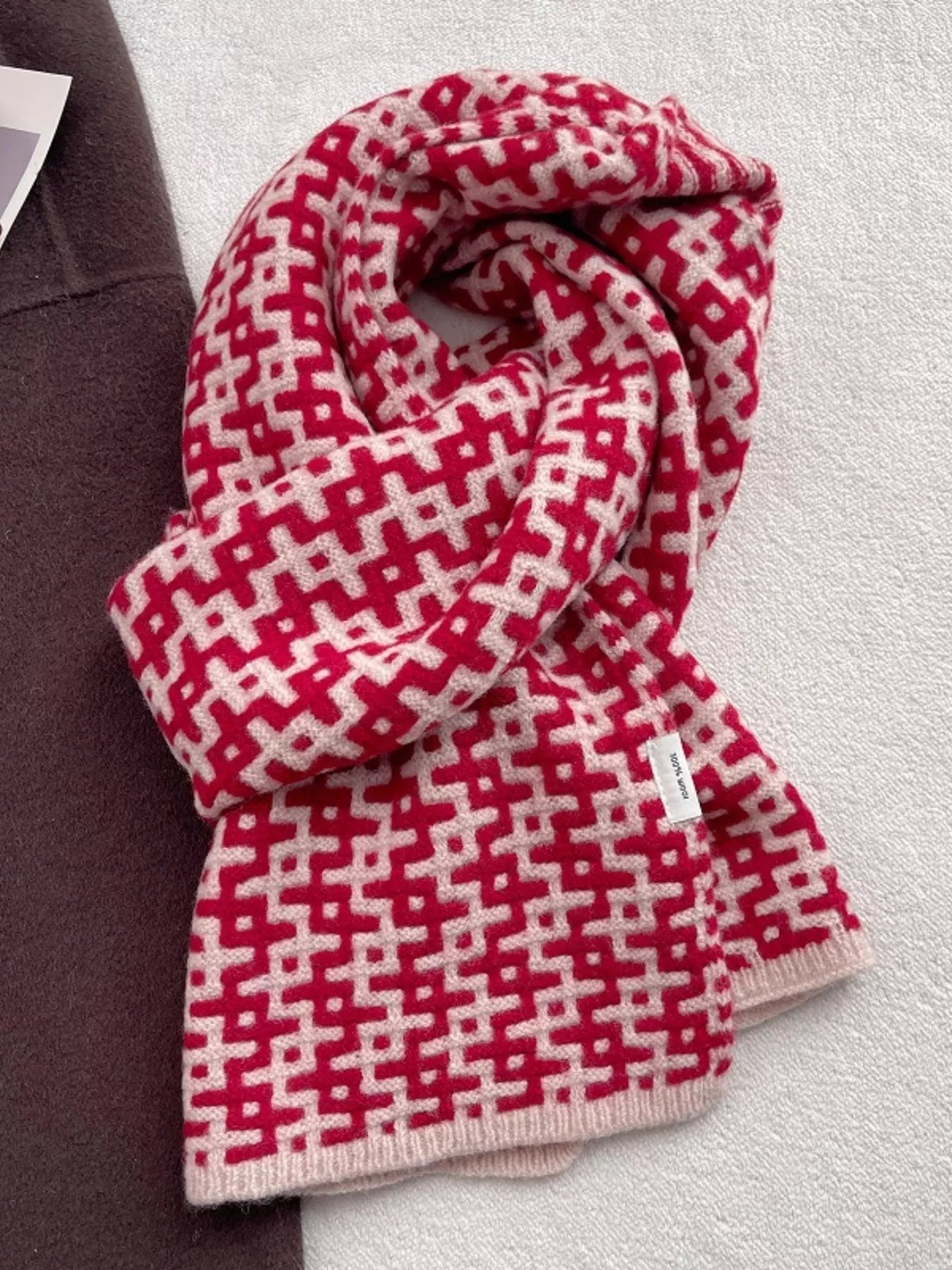 Wool Geometric Pattern Knitted Scarf Soft Winter Accessory