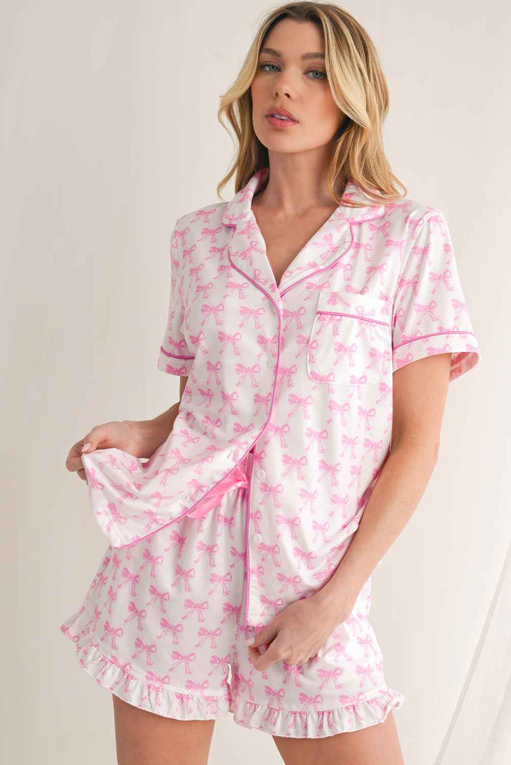 Pink Bowknot Print Ruffle Hem Pajamas