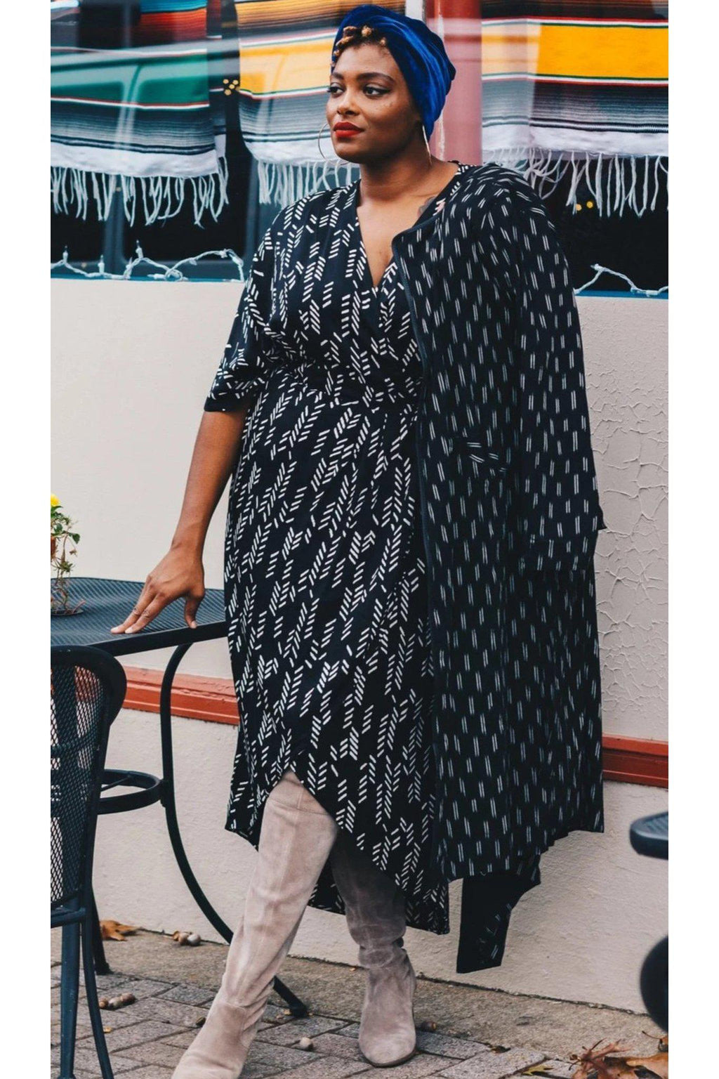 Stylized Feather Wrap Dress in Black + Cream