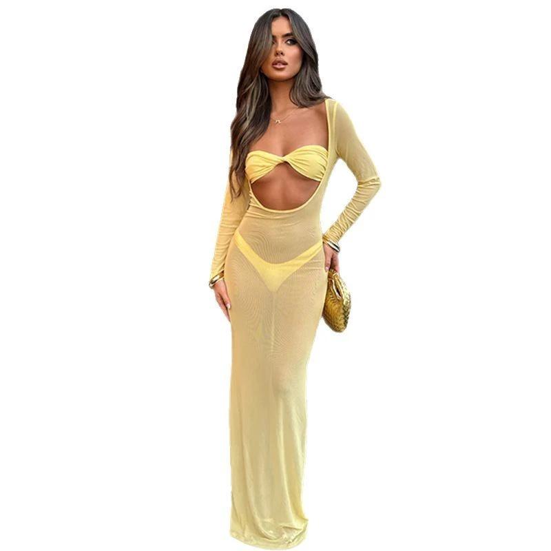 Sexy See-through Temptation Midriff Outfit Bandeau Slim-fit Long Sleeve Tight Dress