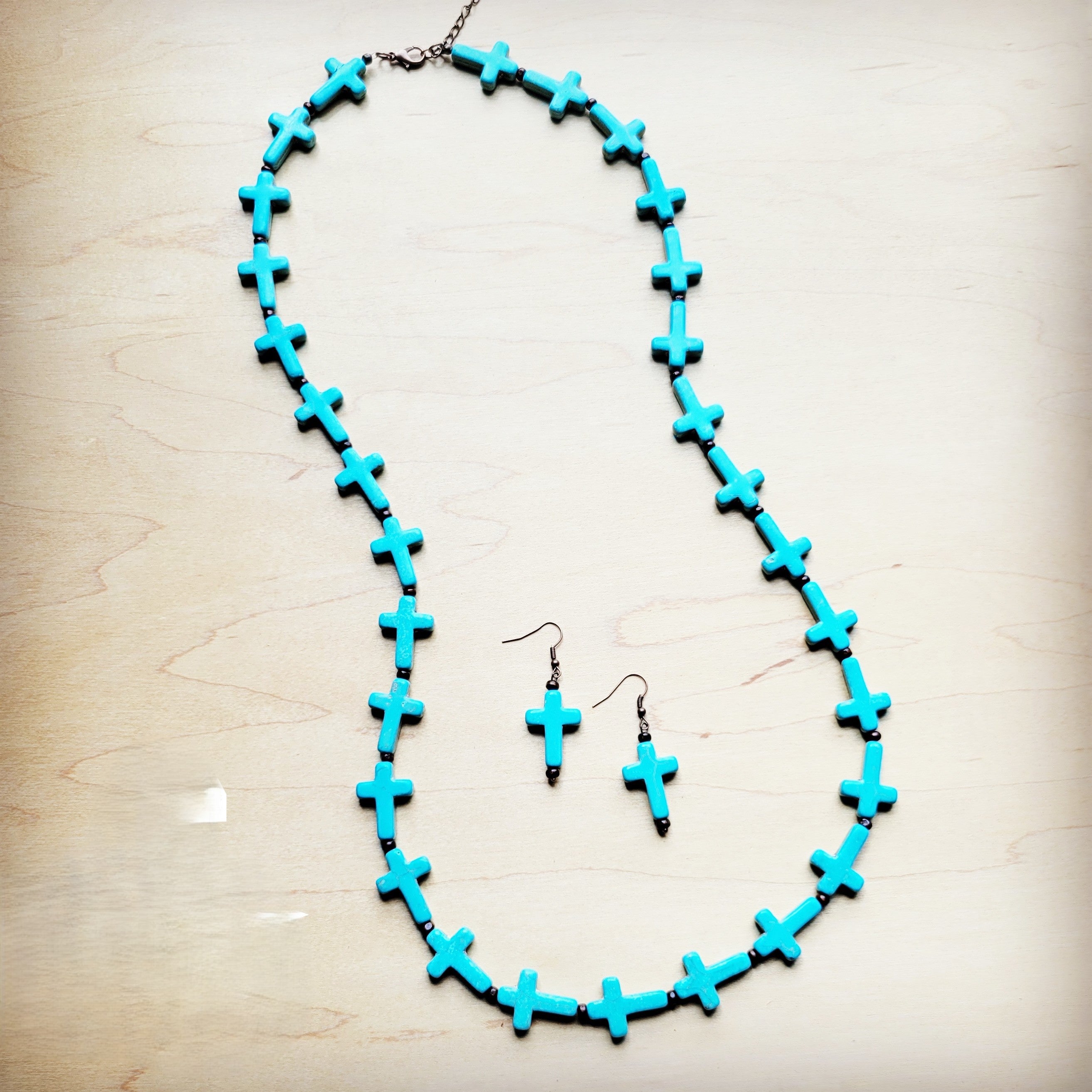 **Blue Turquoise & Wood Beaded Cross Necklace 258n