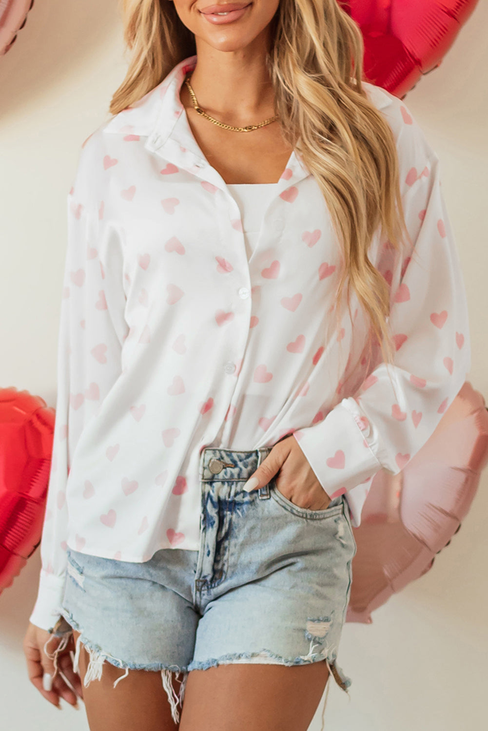 White Love Heart Print Drop Shoulder Puff Sleeve Women's Blouse