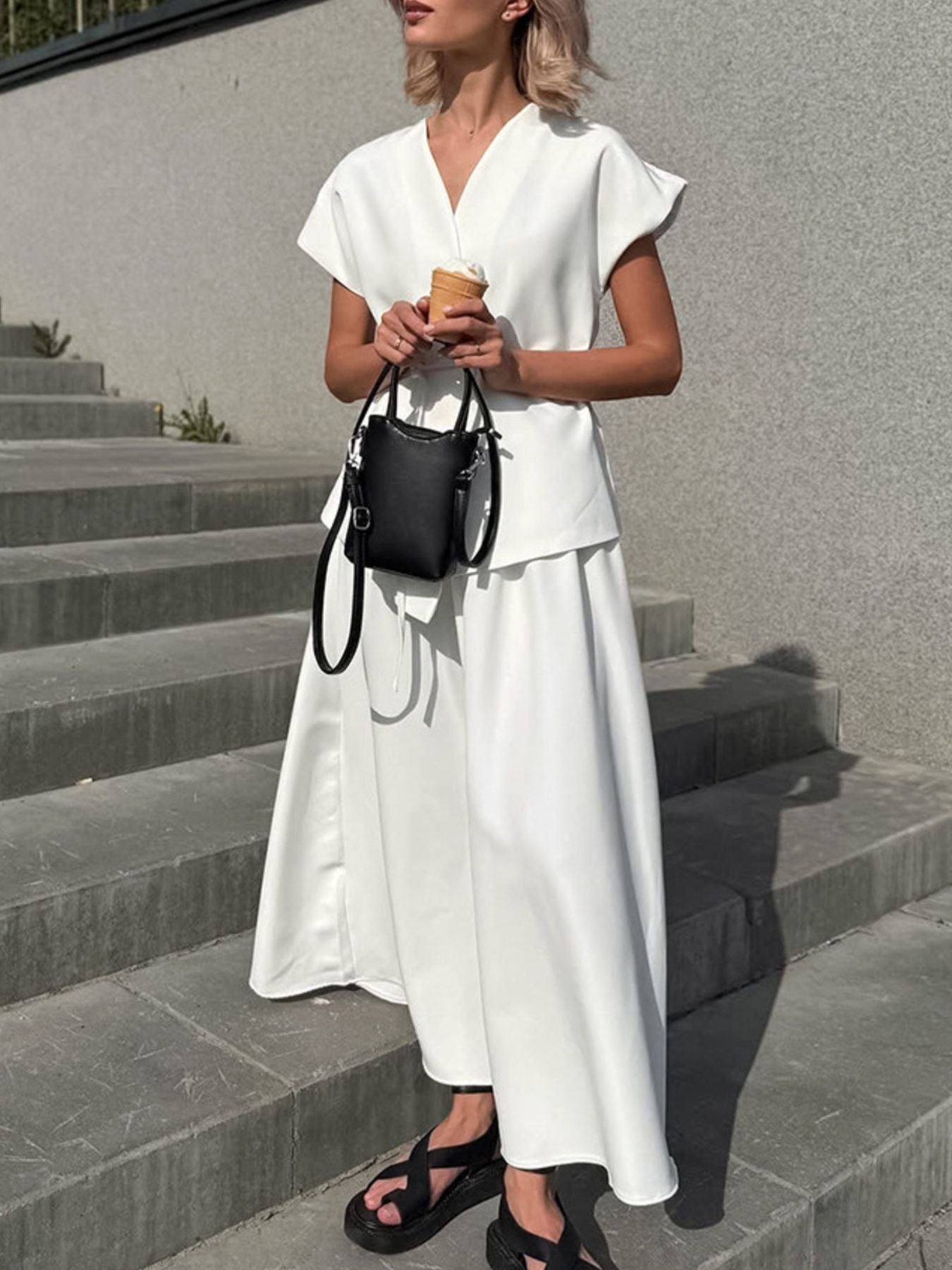 White V-Neck Two-Piece Set | Button Top & A-Line Skirt