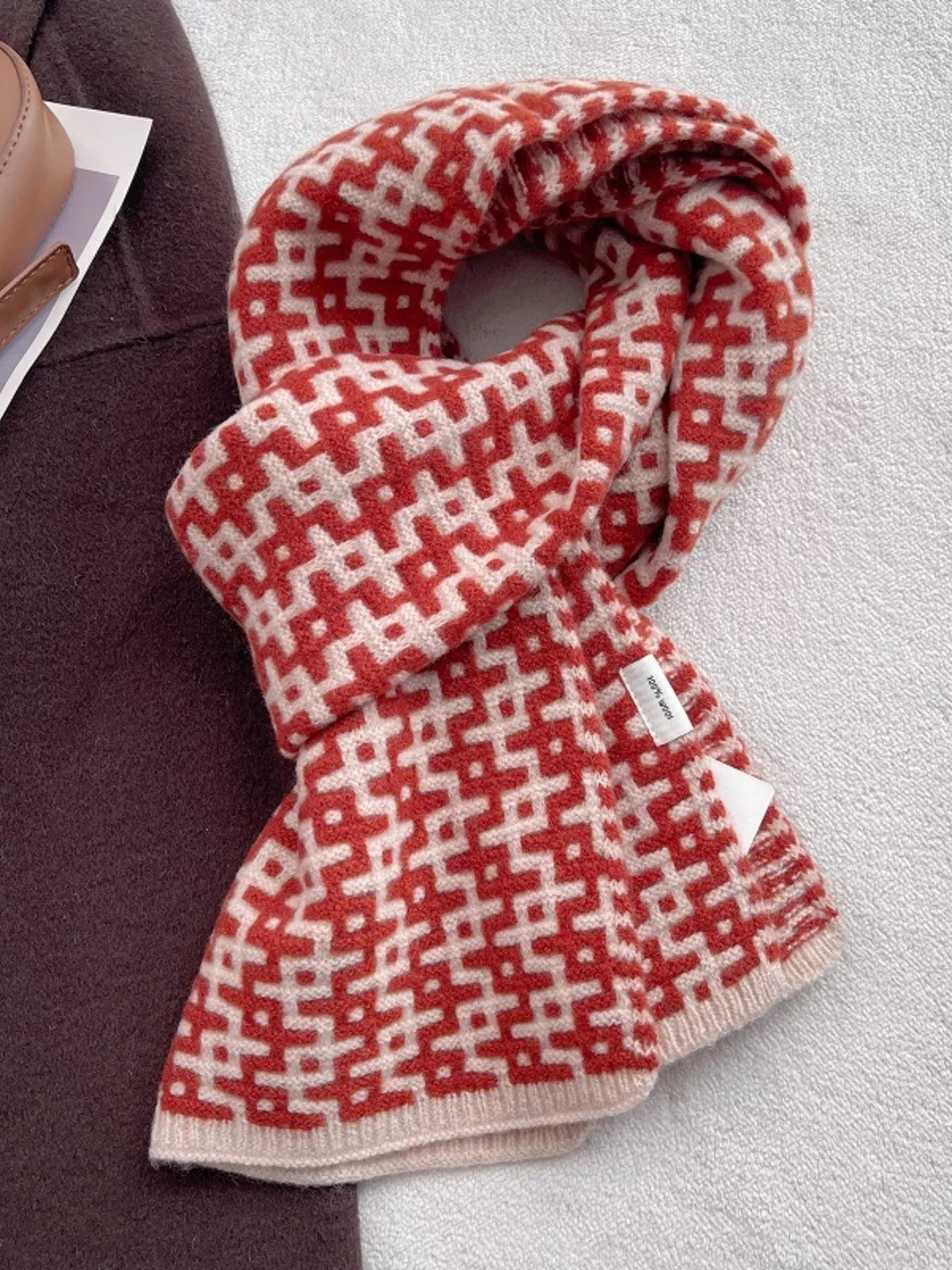 Wool Geometric Pattern Knitted Scarf Soft Winter Accessory
