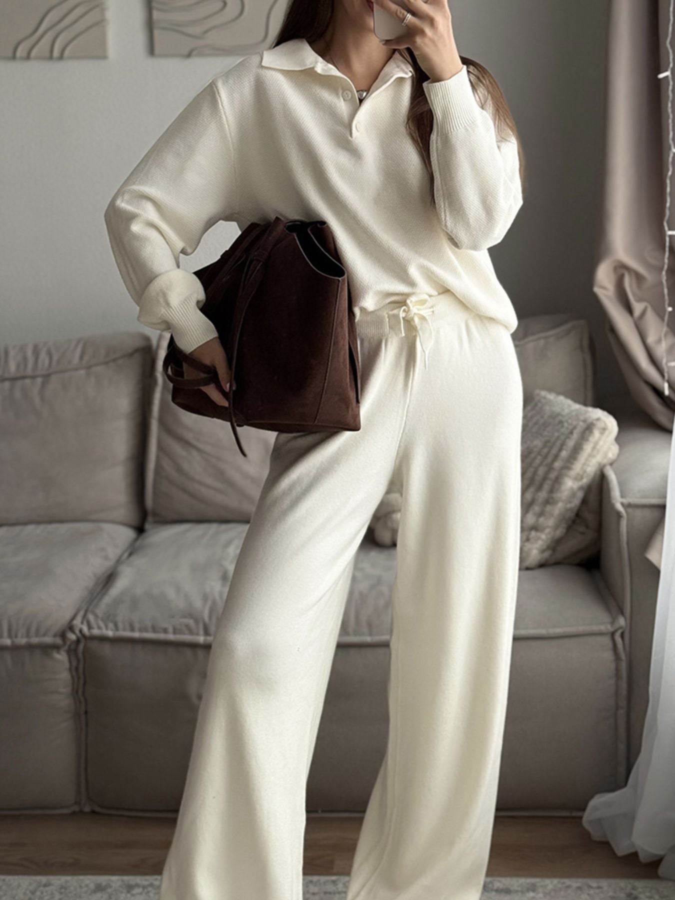 Women's Knit Polo Top and Wide Leg Pants Two-Piece Set