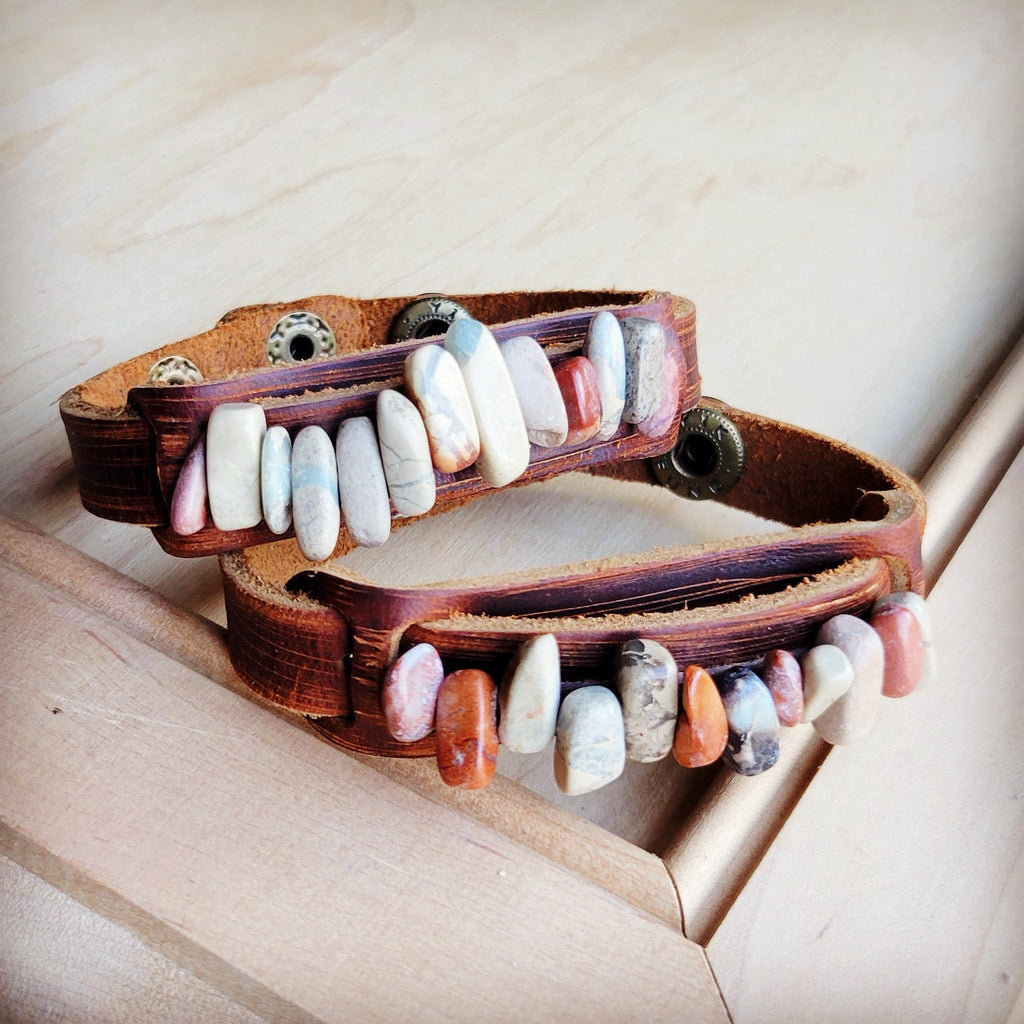 **Genuine Leather Narrow Cuff with Aqua Terra Stones 005f