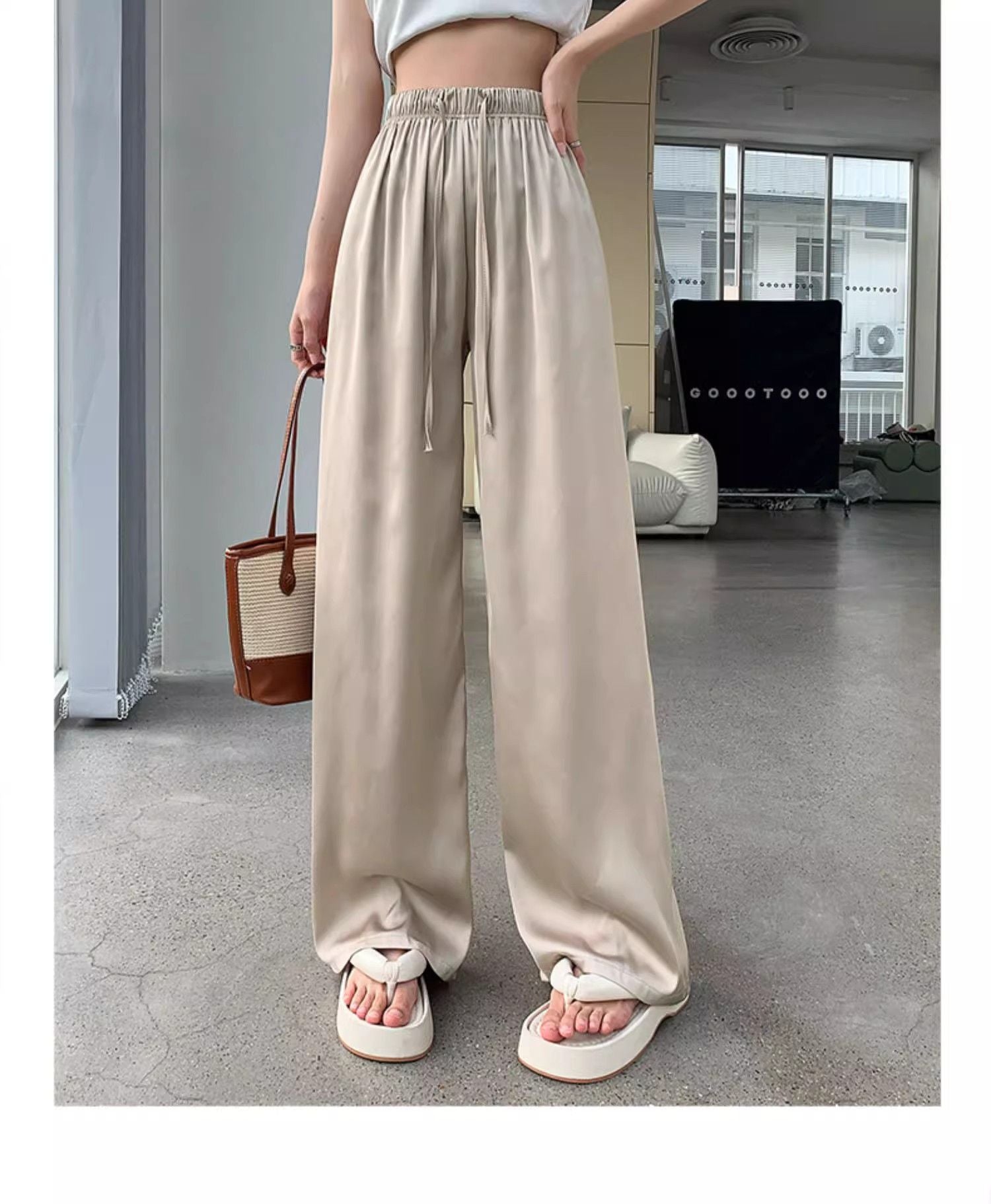 Women's Pants Summer Floral High Waist Leisure  Silk Satin Wide Leg straight pants