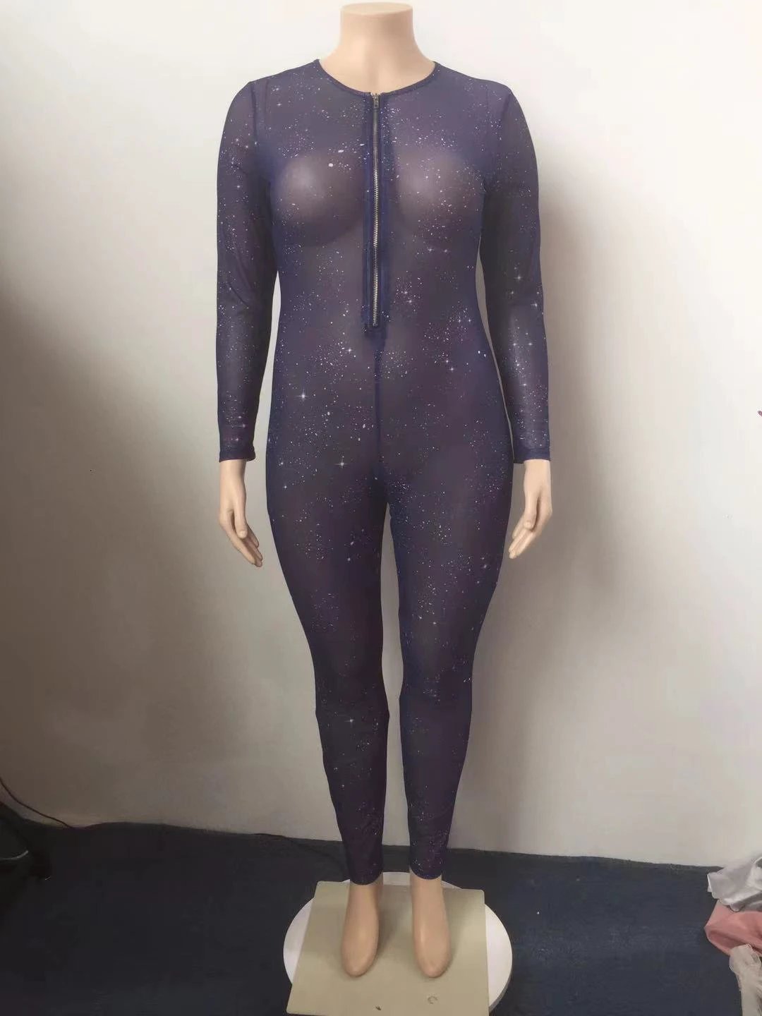 Hot Sale Sheer Temptation Printed Mesh Plus Size Jumpsuit