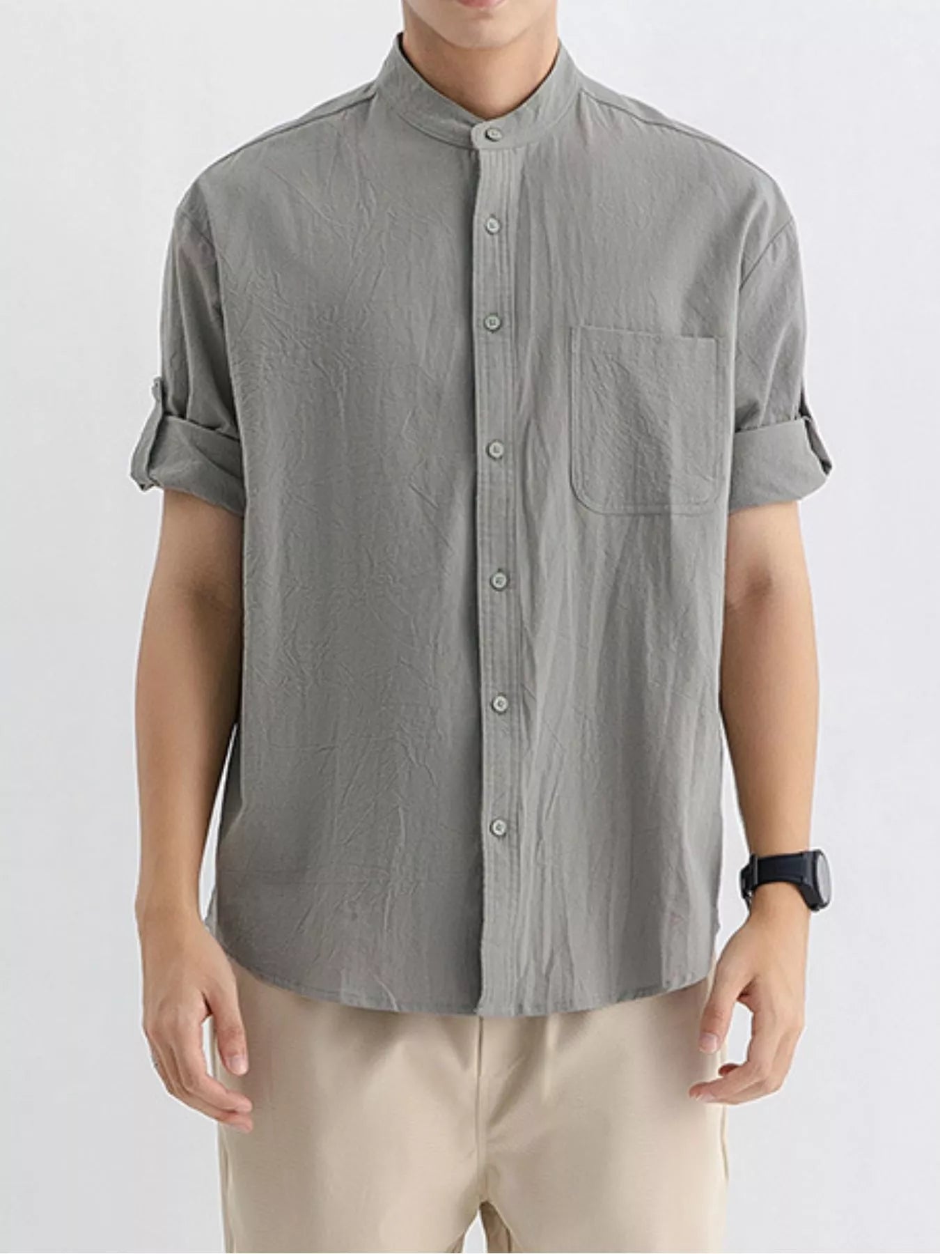 Men's Plus Size Casual Button Up Roll Up Sleeve Shirt