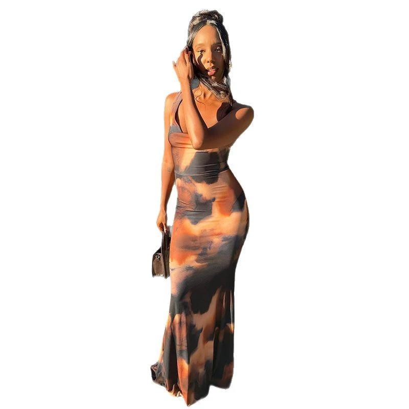 Spaghetti-strap Floral Print Long High Waist Dress