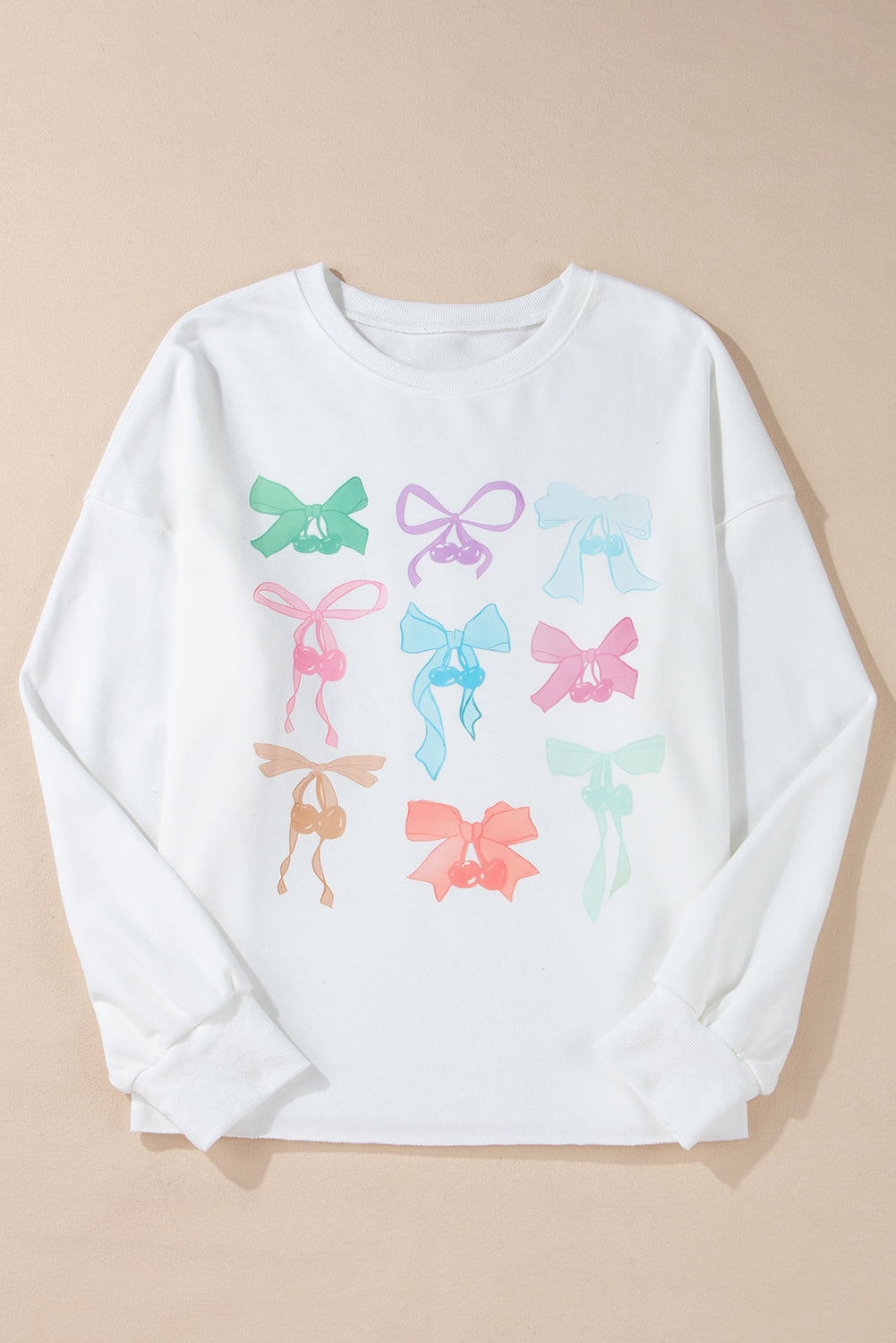 Bowknot Pattern Women's Sweatshirt - White Drop Shoulder Loose Fit