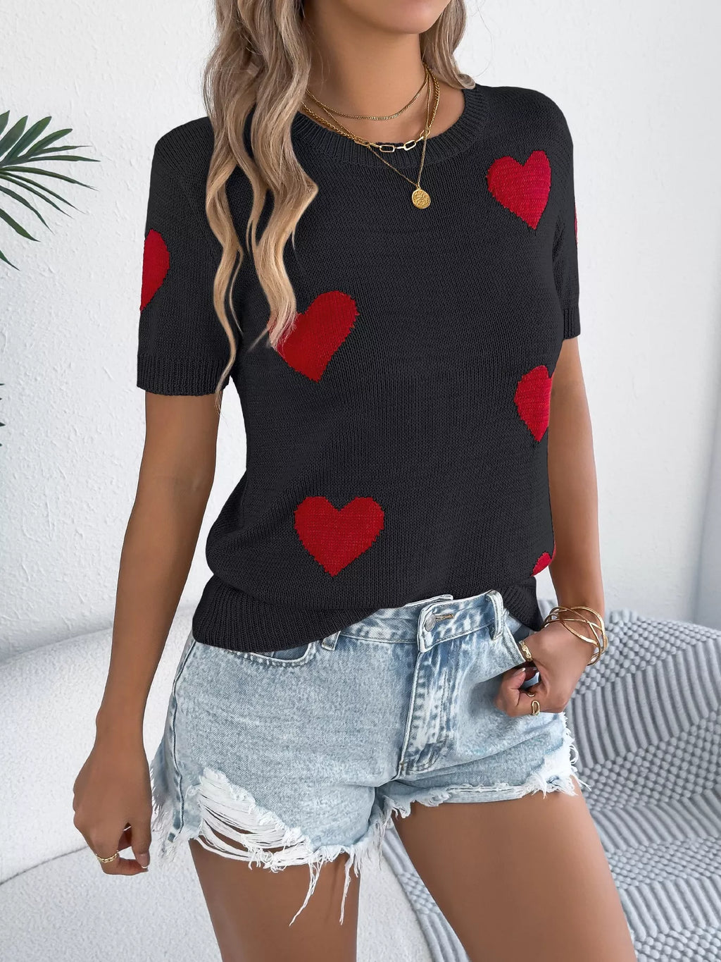 Women's Cream Heart Pattern Short Sleeve Knit Sweater Top