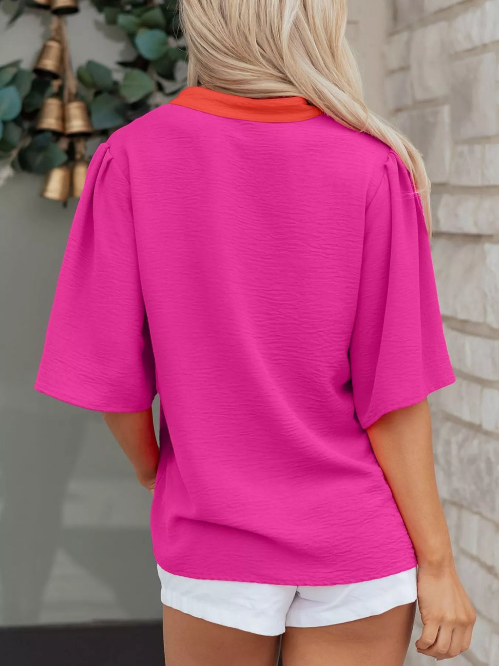 Hot Pink Notched Neck Half Sleeve Blouse with Orange Contrast