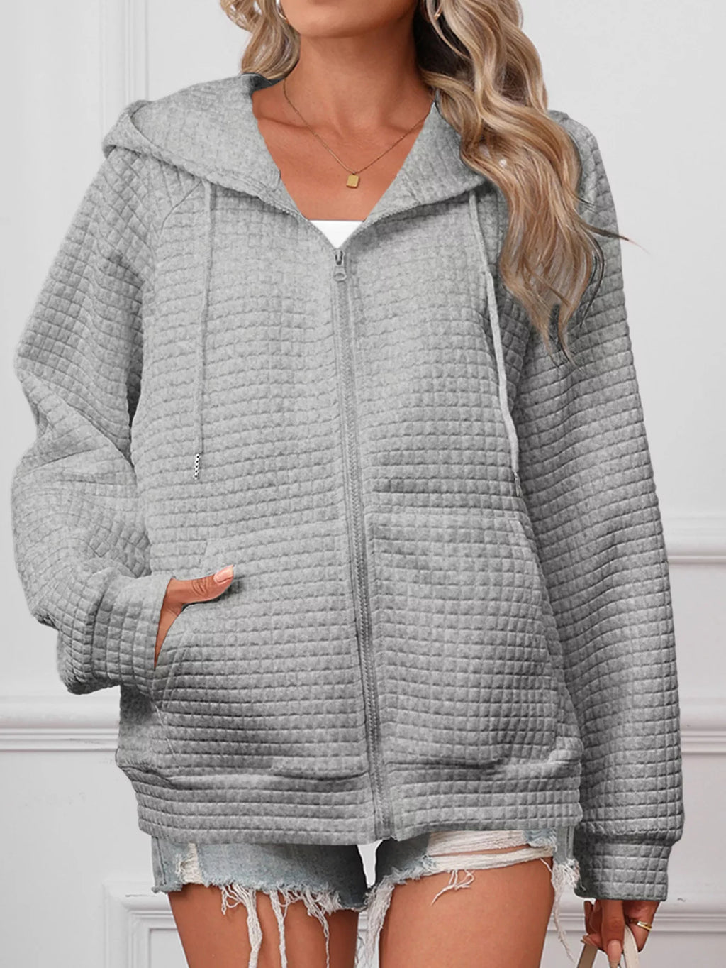 White Quilted Zip-Up Hooded Jacket with Drawstring