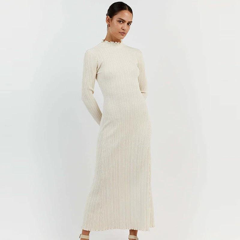 Long Sleeve Knitted Wooden Ear Turtleneck Waist-controlled Slim Fit Slimming Dress