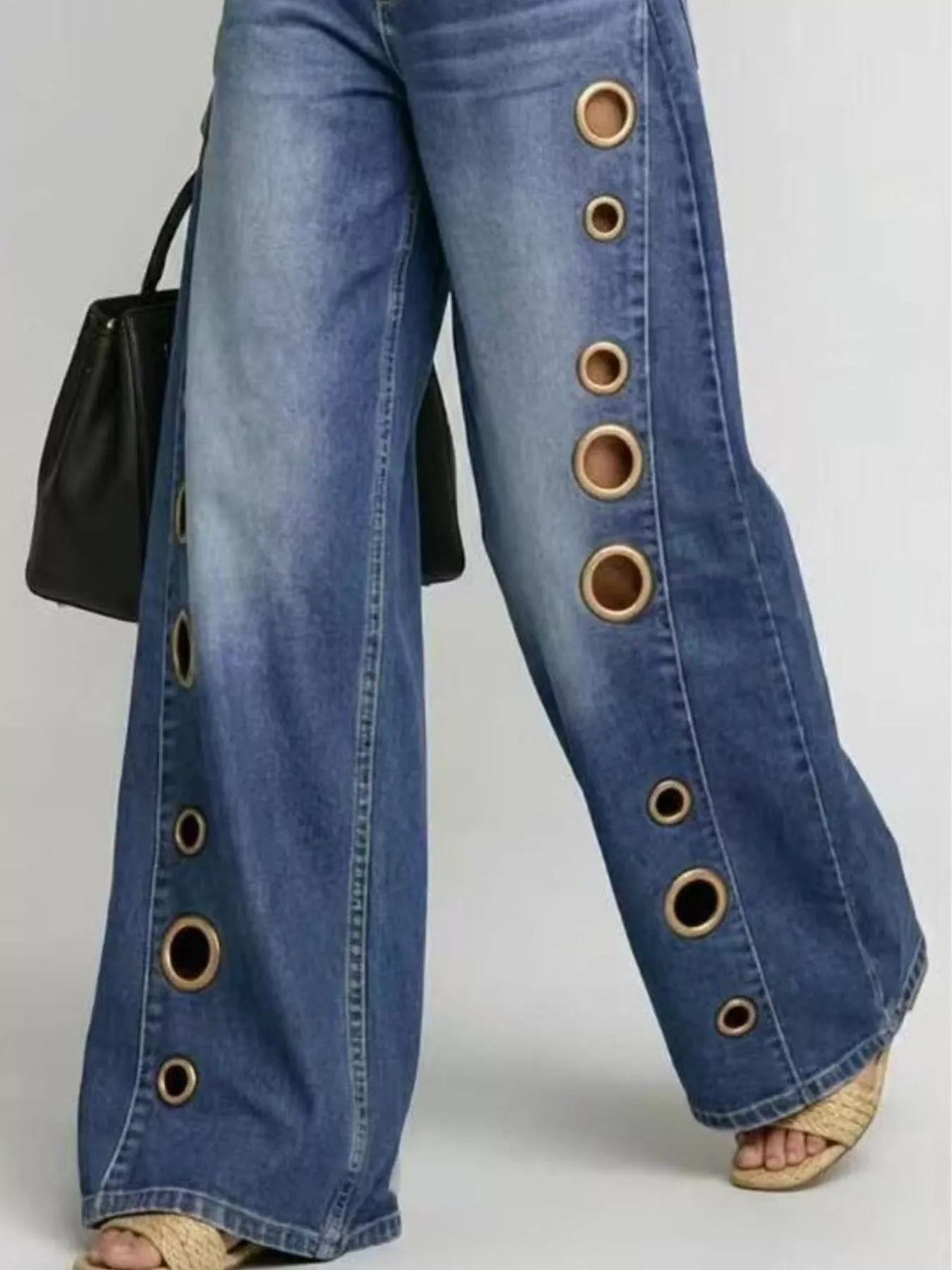 Wide Leg Jeans with Eyelet Details