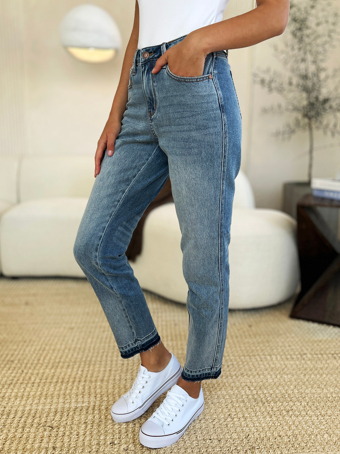 Judy Blue Full Size Mid Rise Rigid Jeans With Magic Release Hem For Women Size Down Friendly