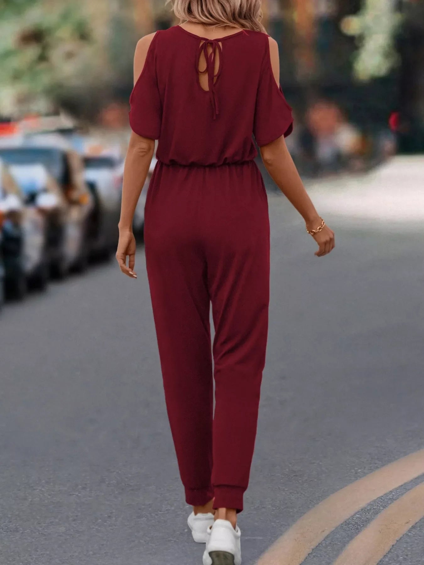 Women's Cold Shoulder V-Neck Jumpsuit – Pocketed Stretch Fit