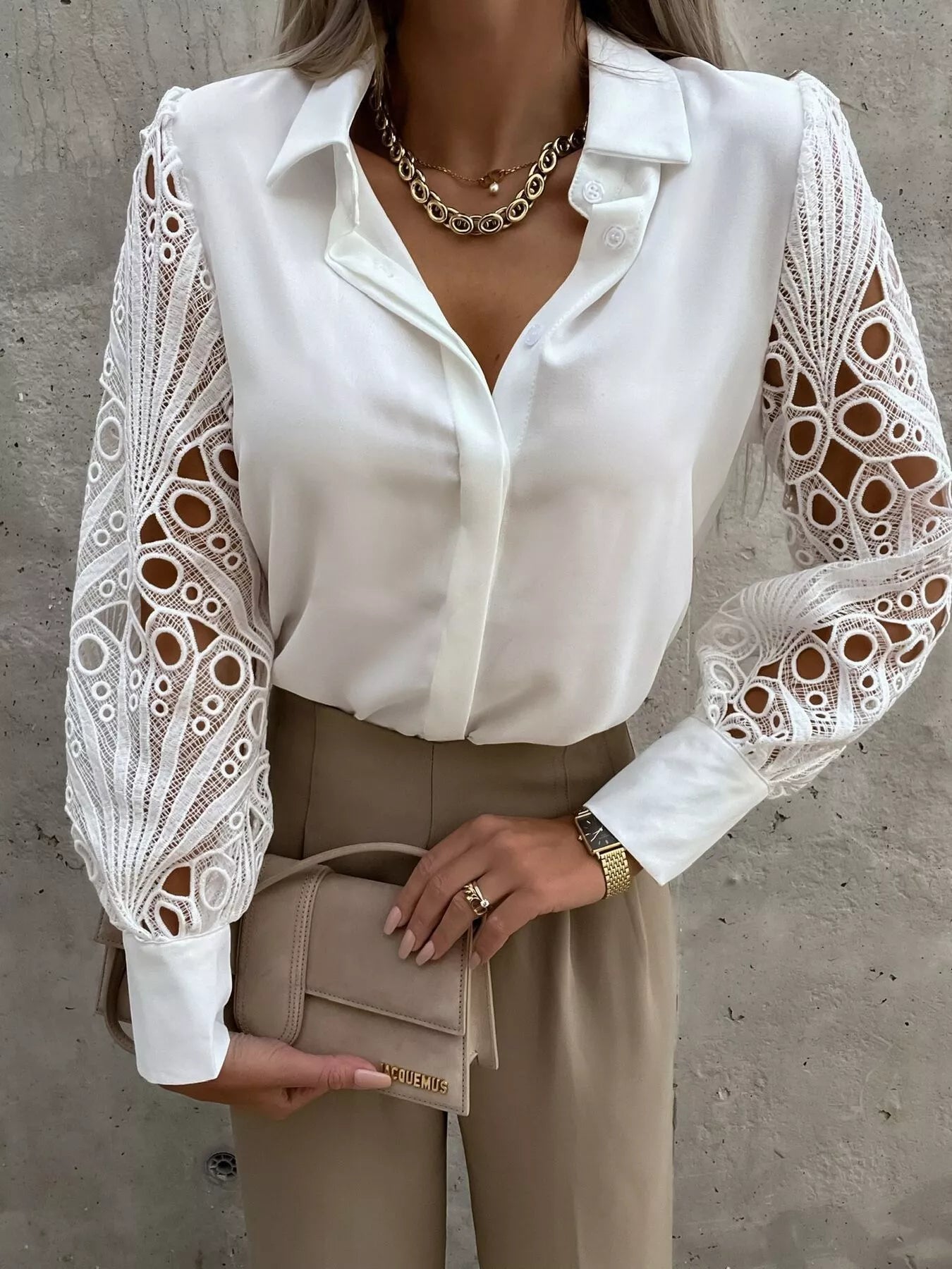Lace Sleeve Collared Neck Women's Blouse