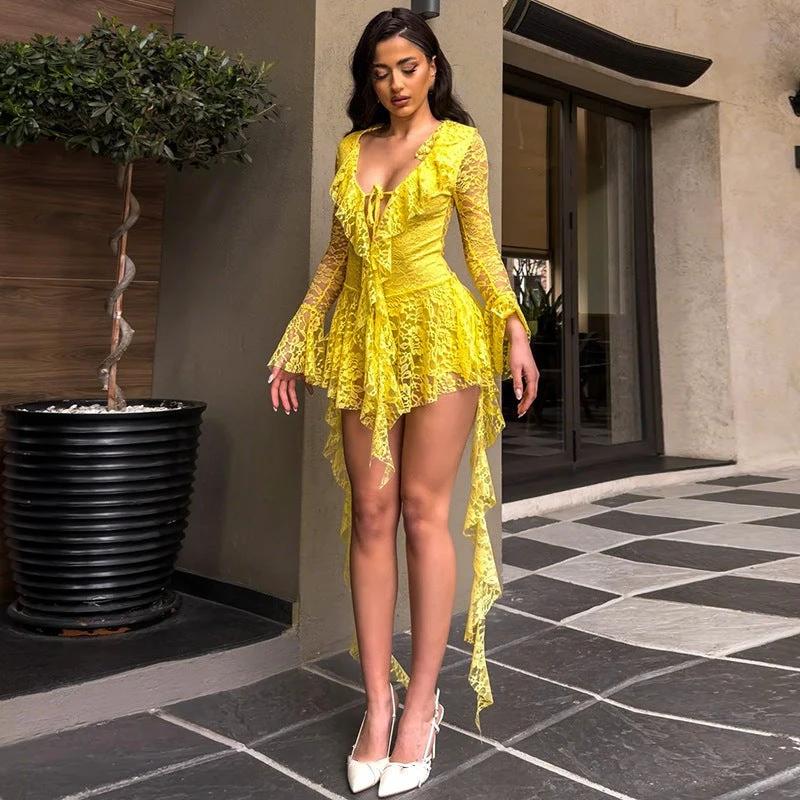 Lace-up Deep V Micro-cut Sleeve Tight-fitting Cinched Lace Dress