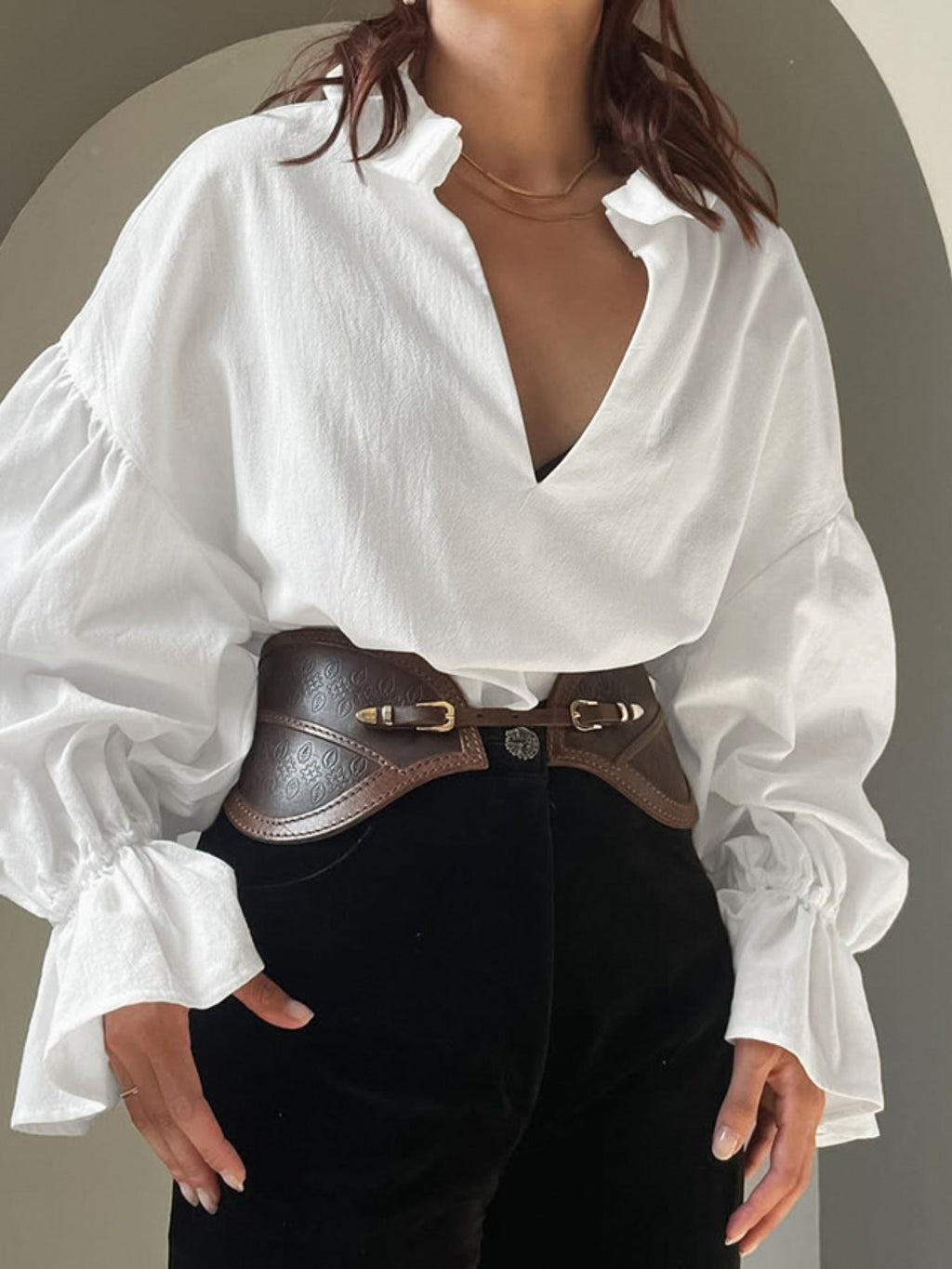 White Notched Flounce Sleeve Blouse