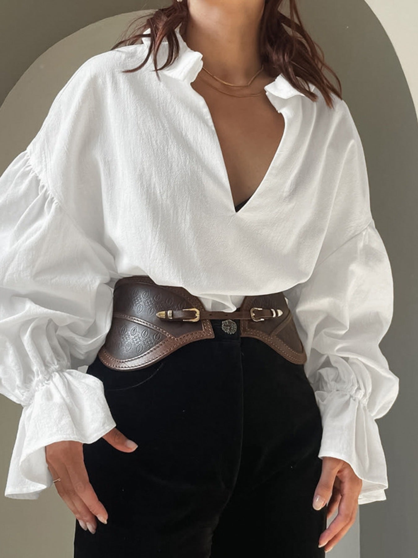 White Notched Flounce Sleeve Blouse