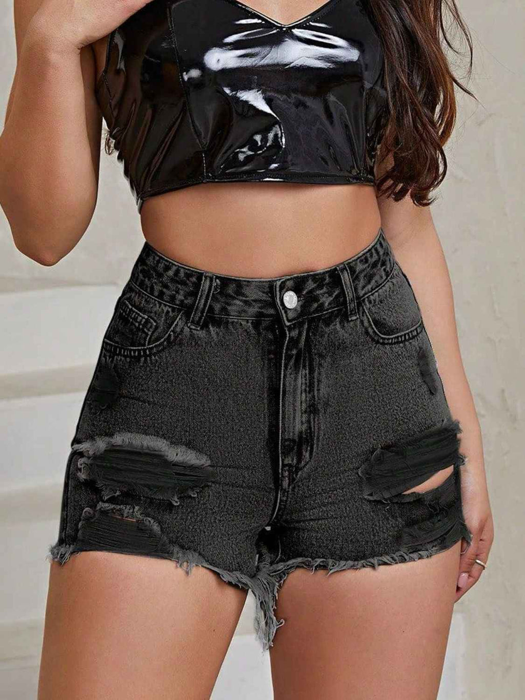 Distressed High Rise Denim Shorts with Raw Hem