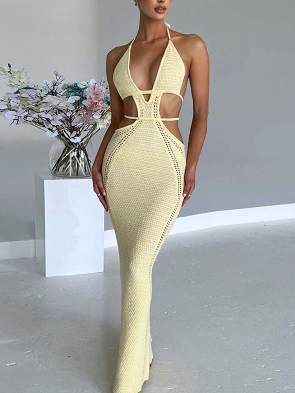 Yellow Halter Neck Cutout Knitted Maxi Dress
