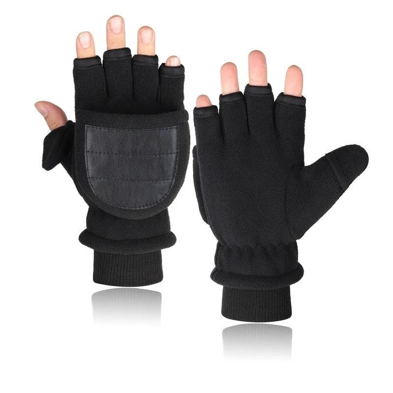 Men's Double-layer Velvet Flip Touch Screen Half Finger Gloves
