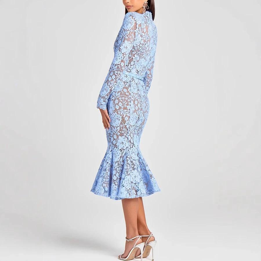 Slim Fit Slimming See-through Lace Hollow Belt Long Sleeve Fishtail Dress