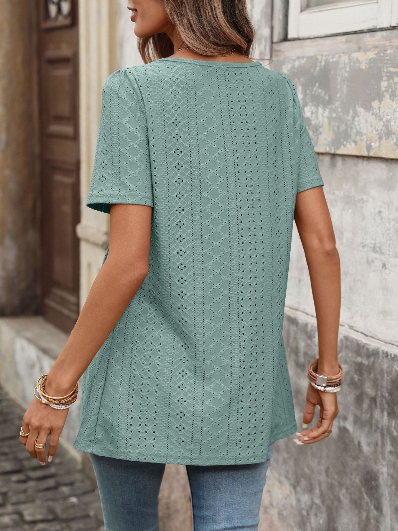 Women's Eyelet Square Neck Short Sleeve Ruched Peplum Top