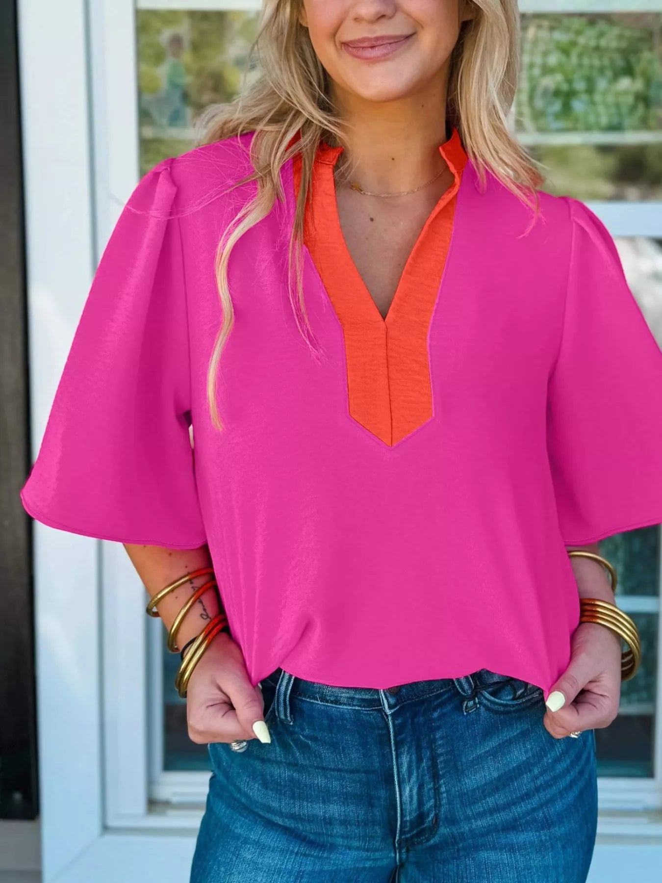 Hot Pink Notched Neck Half Sleeve Blouse with Orange Contrast