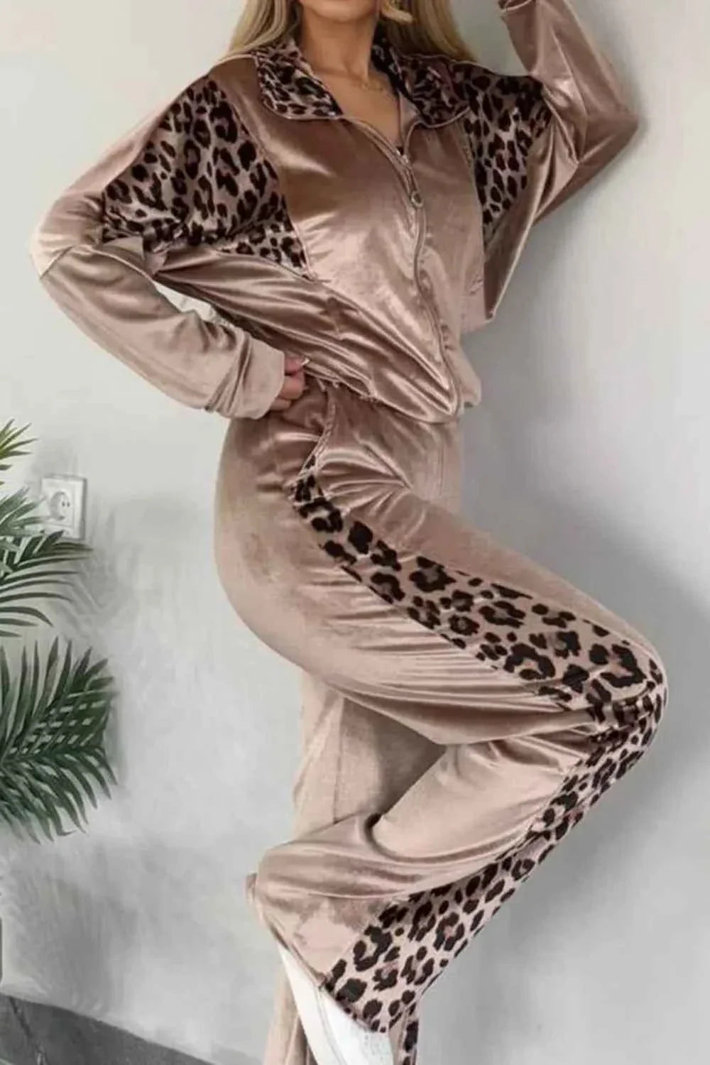 Full Size Collared Neck Leopard Zip Up Sweatsuit Plus Size